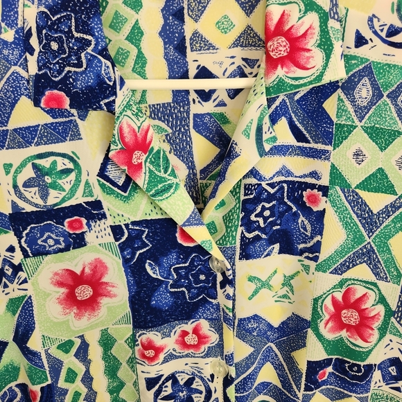 Vintage 1980s Blue Short Sleeve Bright Abstract Blouse Top 80s Office Preppy 90s - Picture 3 of 10